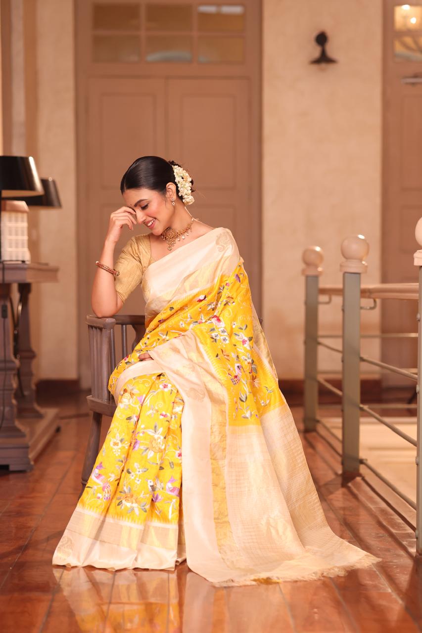 A pastel yellow Masterpiece kanchivaram weave silk saree with authentic Parsi gara work