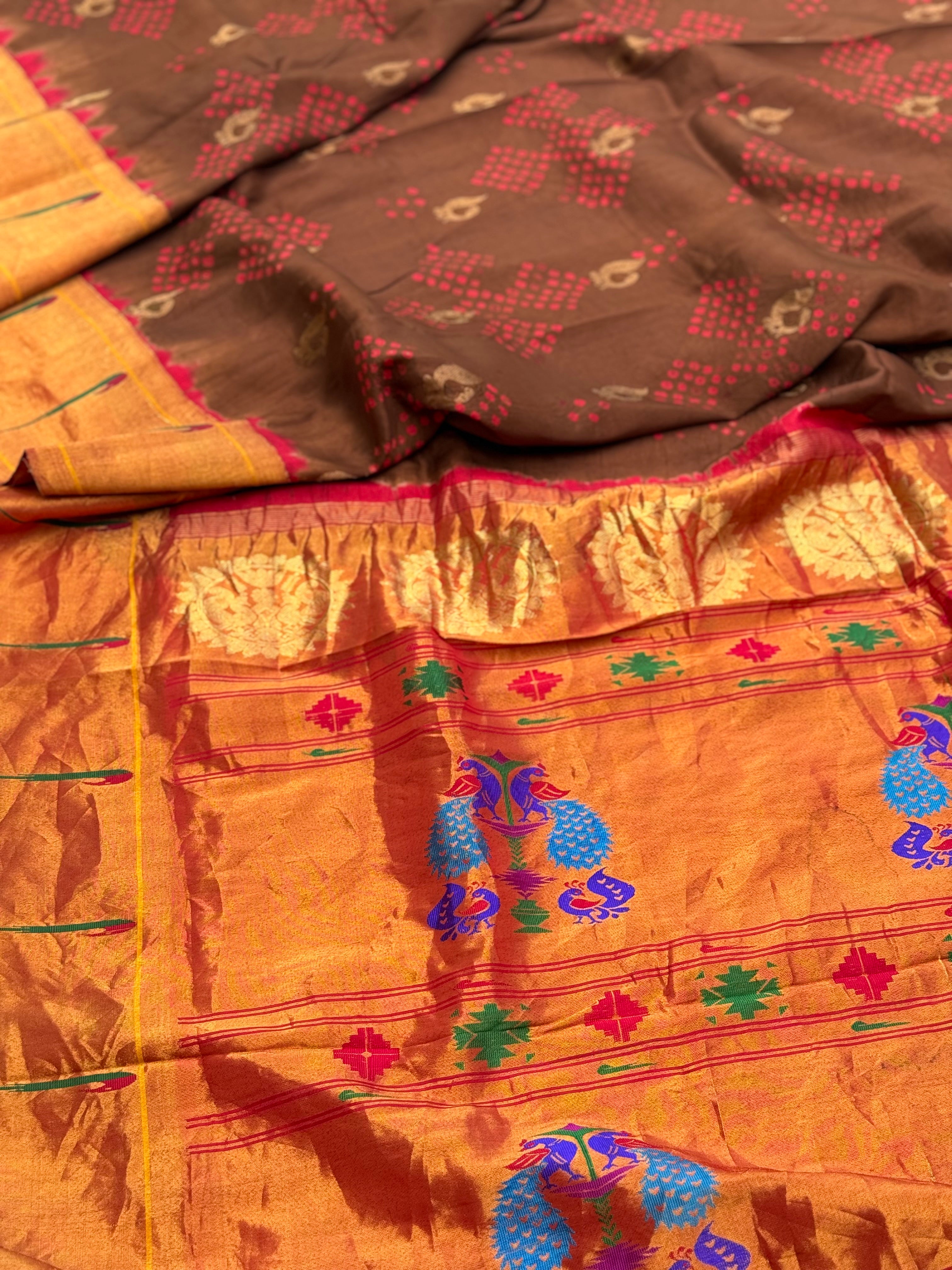 Bark brown with Red Paithani Silk With Bandhej Tie And Dye Muniya Border Saree