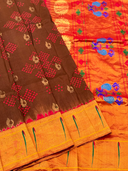 Bark brown with Red Paithani Silk With Bandhej Tie And Dye Muniya Border Saree