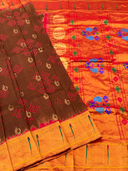 Bark brown with Red Paithani Silk With Bandhej Tie And Dye Muniya Border Saree