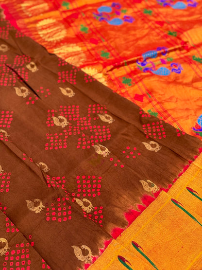 Bark brown with Red Paithani Silk With Bandhej Tie And Dye Muniya Border Saree