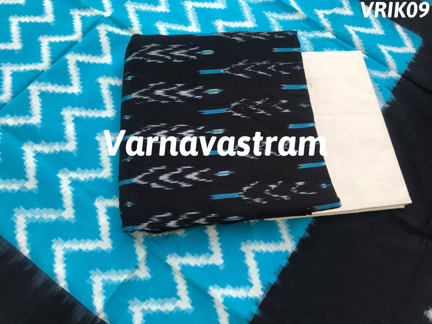 Blue With Black Ikkat Cotton Suit Top Bottom Dupatta