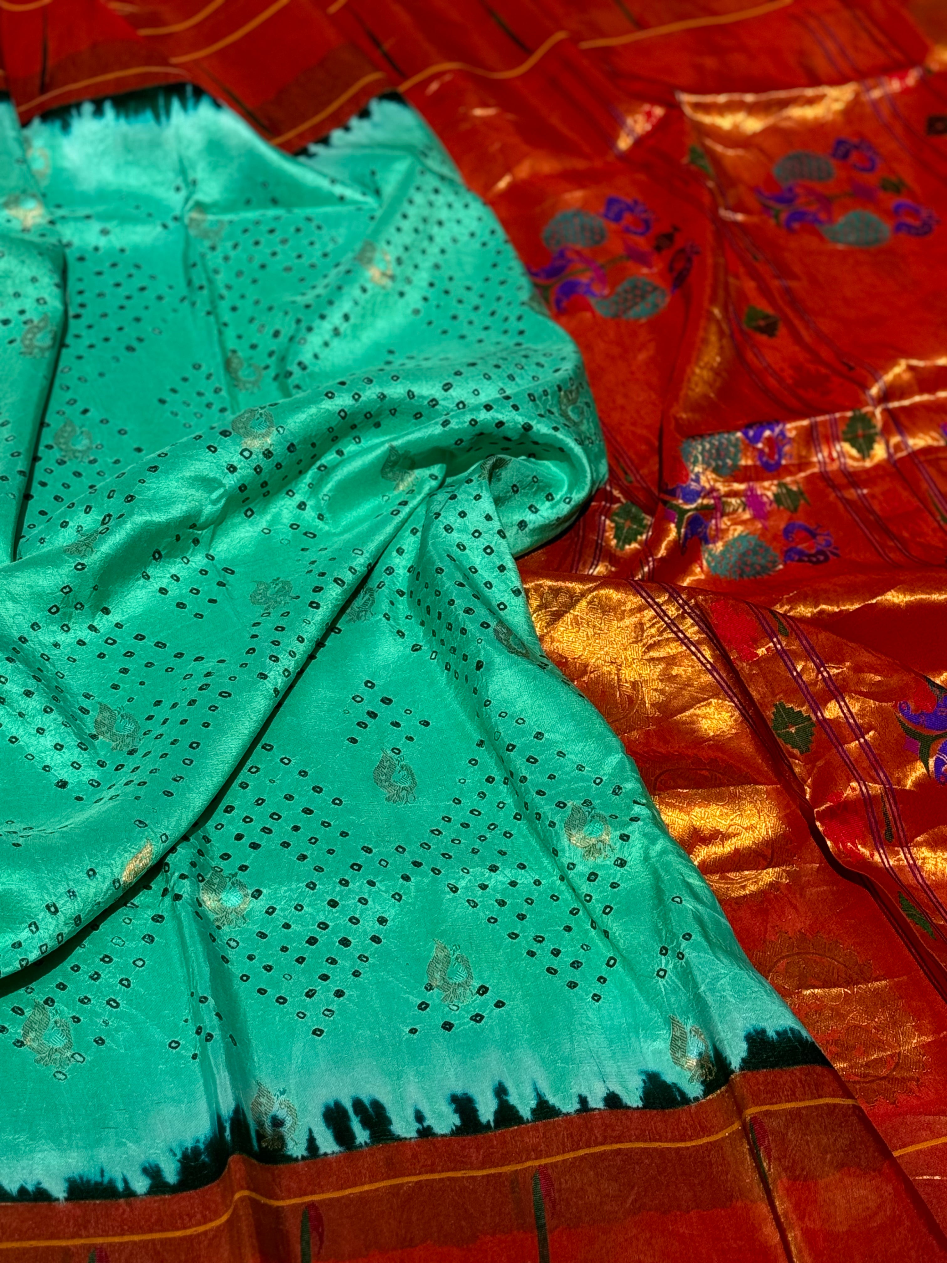 Seagreen Paithani Silk With Bandhej Tie And Dye Muniya Border Saree