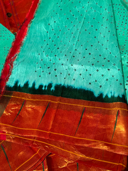 Seagreen Paithani Silk With Bandhej Tie And Dye Muniya Border Saree