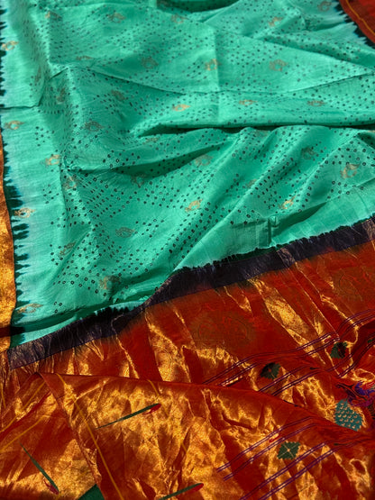 Seagreen Paithani Silk With Bandhej Tie And Dye Muniya Border Saree