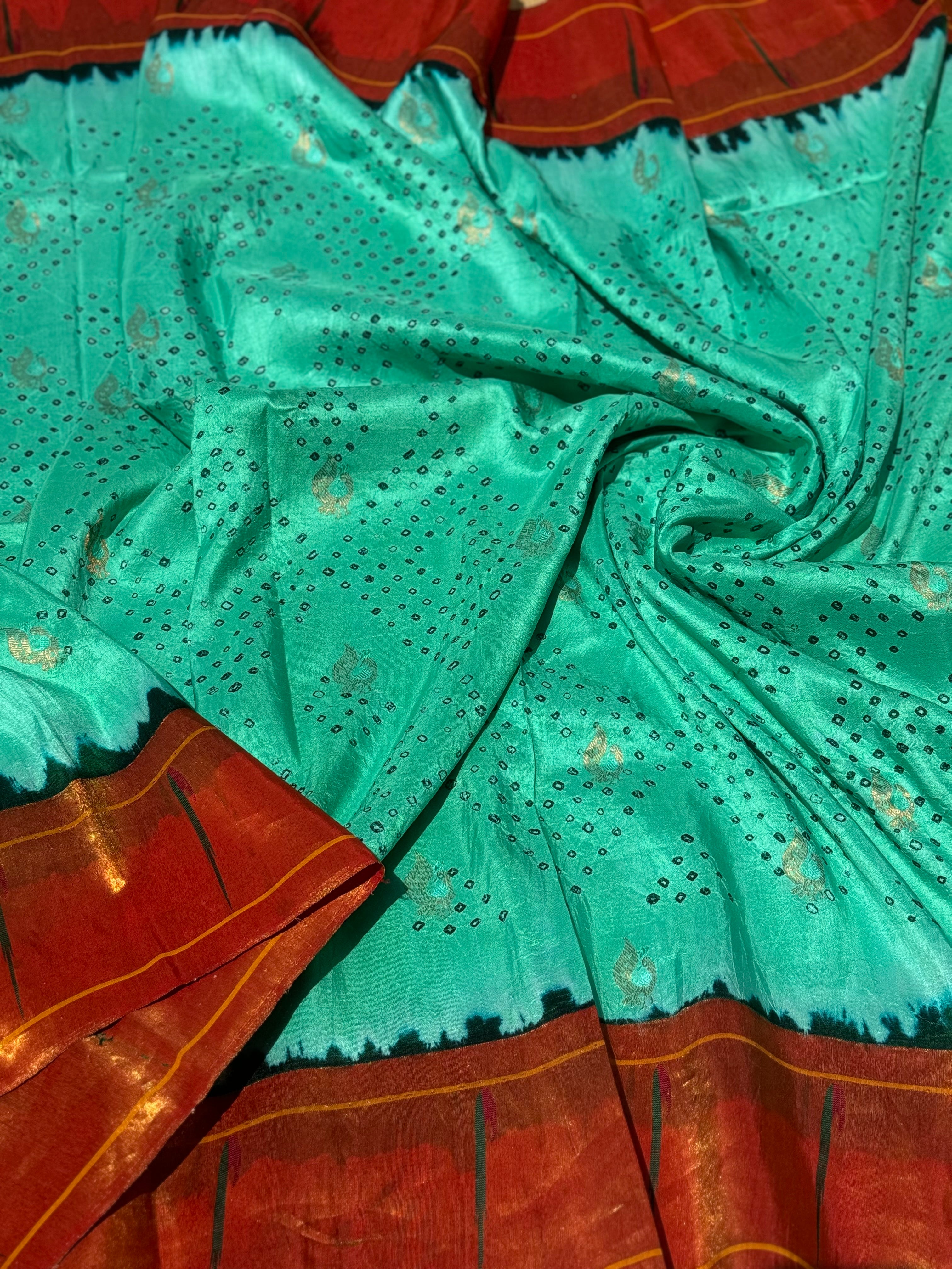 Seagreen Paithani Silk With Bandhej Tie And Dye Muniya Border Saree