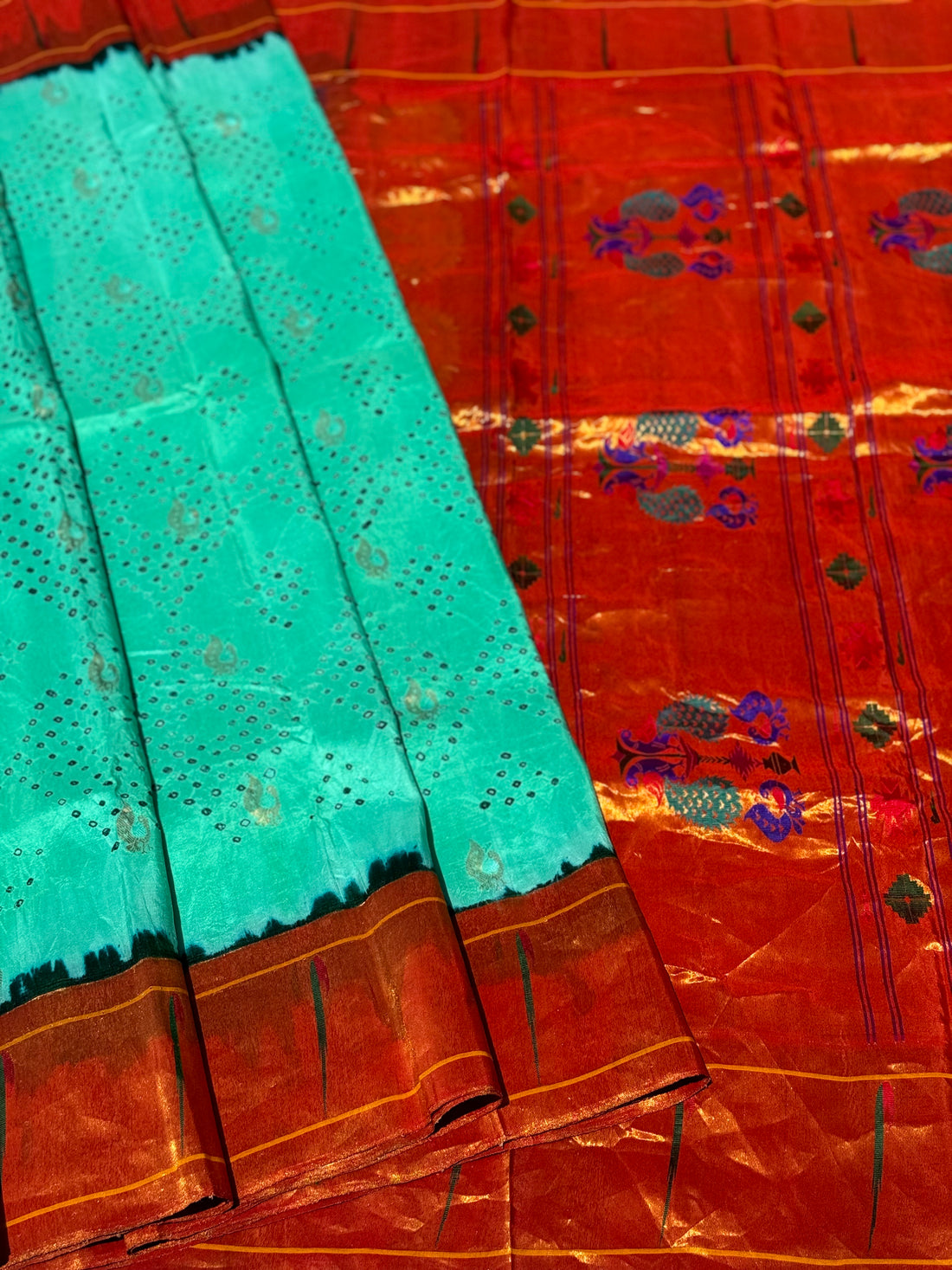 Seagreen Paithani Silk With Bandhej Tie And Dye Muniya Border Saree