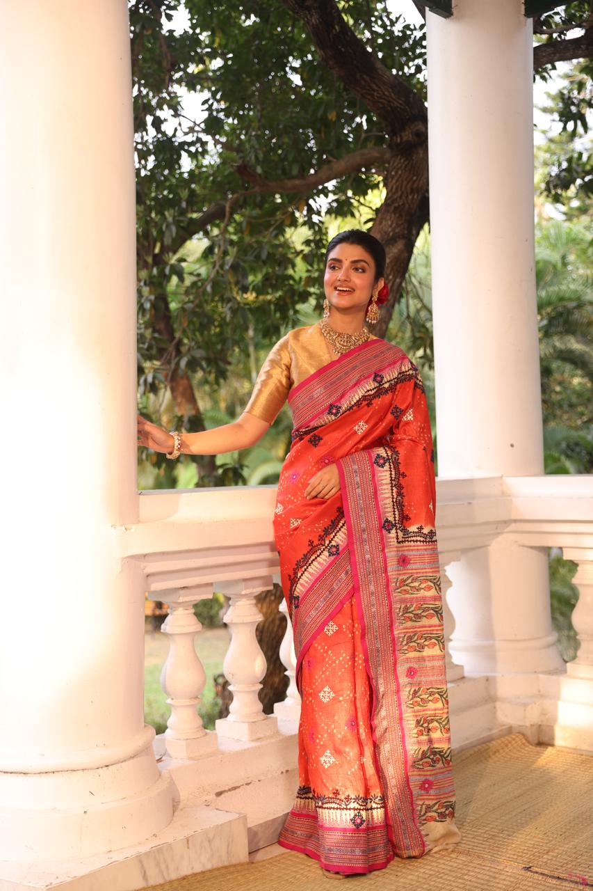 Vidharbha tussar silk saree with handknotted Bhandej and kutch mirror work