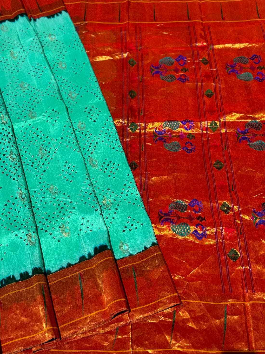 Seagreen Paithani Silk With Bandhej Tie And Dye Muniya Border Saree