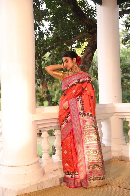 Vidharbha tussar silk saree with handknotted Bhandej and kutch mirror work