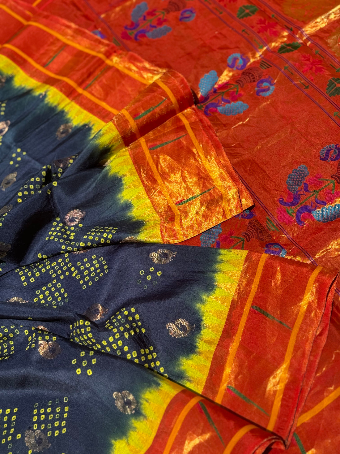 Midnight Blue Paithani Silk With Bandhej Tie And Dye Muniya Border Saree