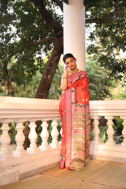 Vidharbha tussar silk saree with handknotted Bhandej and kutch mirror work