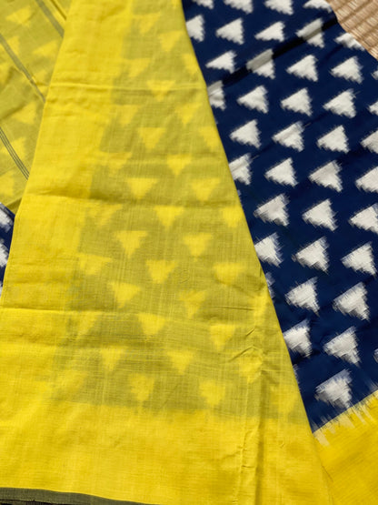 Yellow with Blue Double ikkat Cotton saree