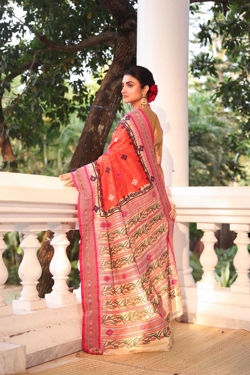 Vidharbha tussar silk saree with handknotted Bhandej and kutch mirror work
