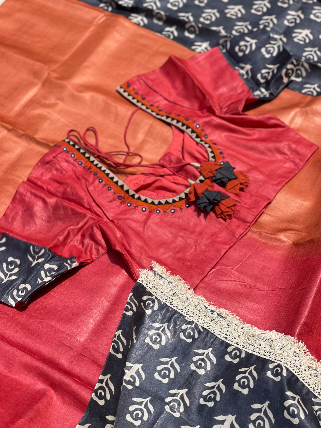 Handblock Printed Tussar Silk Saree With Crochet Border And Pallu