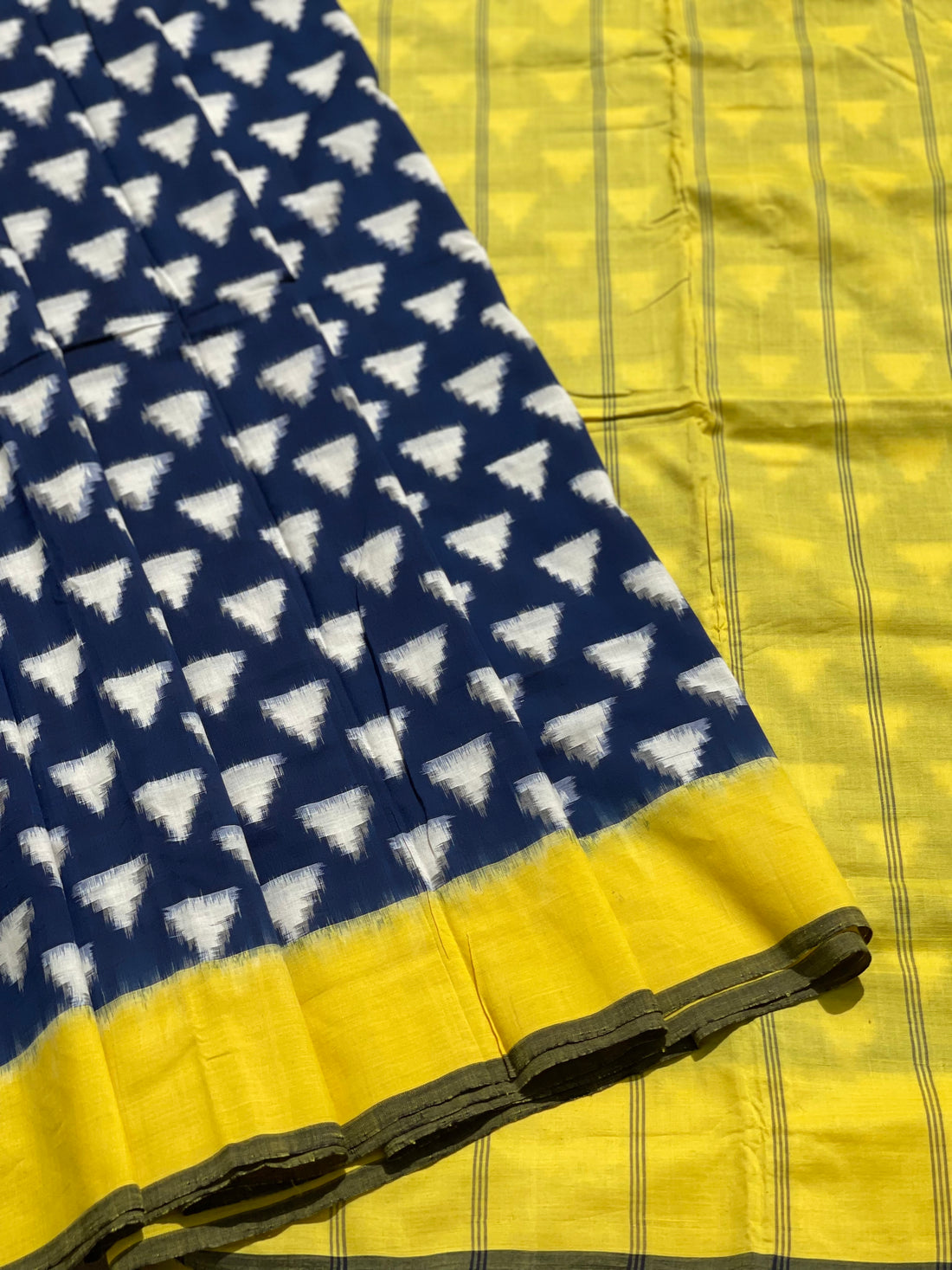 Yellow with Blue Double ikkat Cotton saree