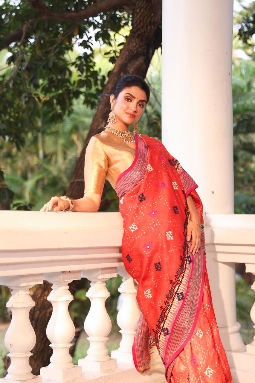 Vidharbha tussar silk saree with handknotted Bhandej and kutch mirror work