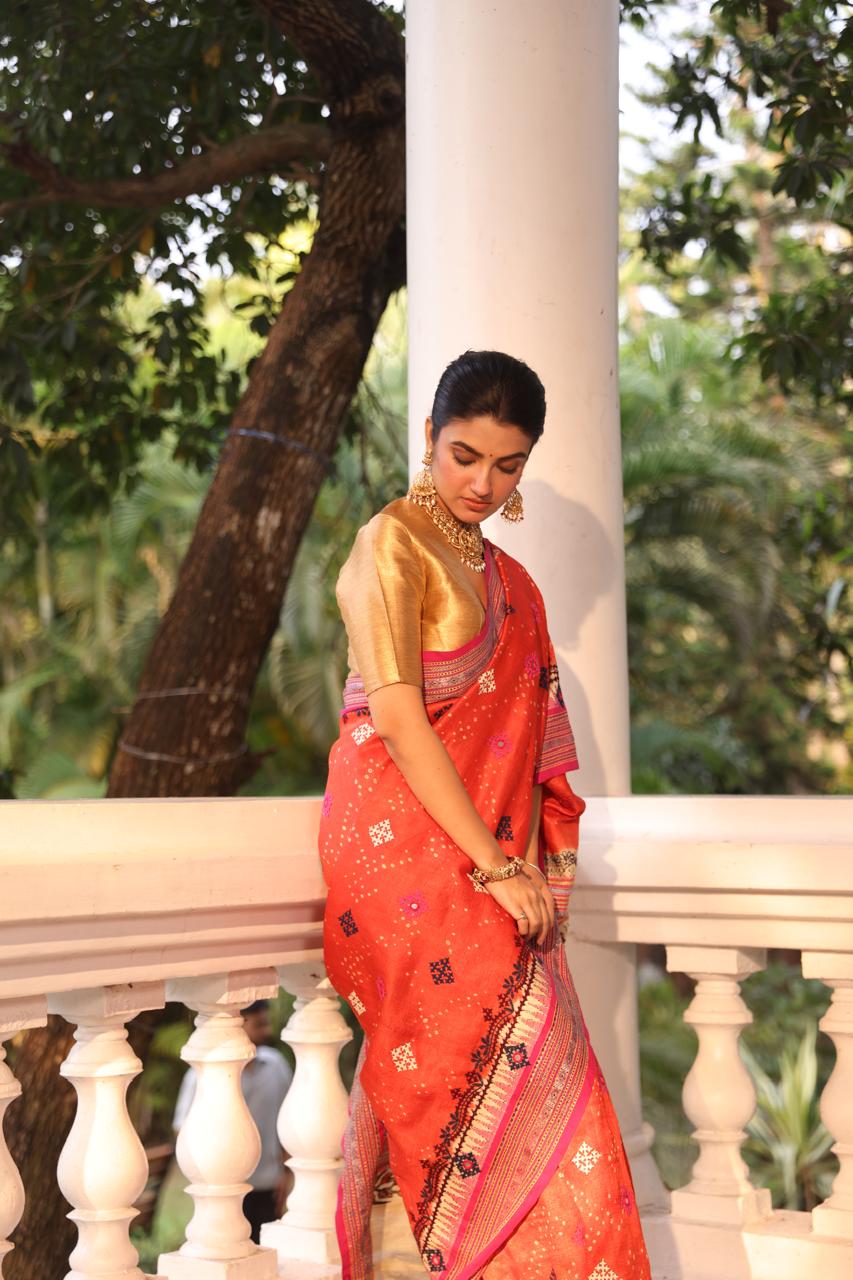 Vidharbha tussar silk saree with handknotted Bhandej and kutch mirror work