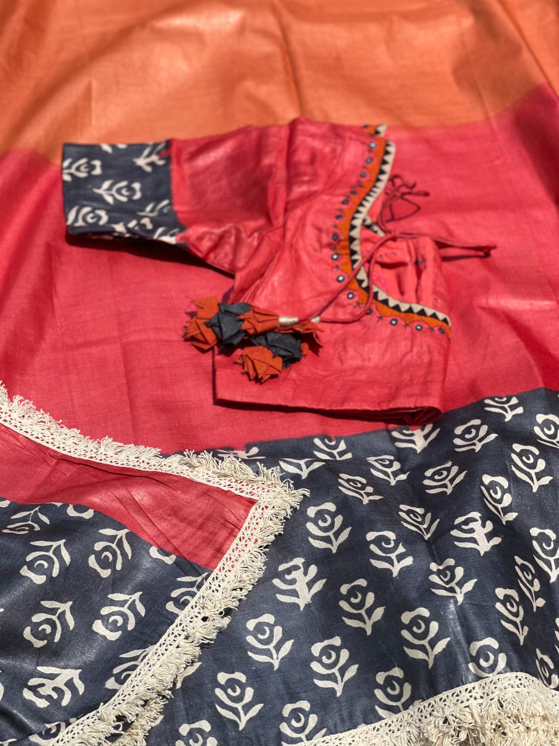 Handblock Printed Tussar Silk Saree With Crochet Border And Pallu