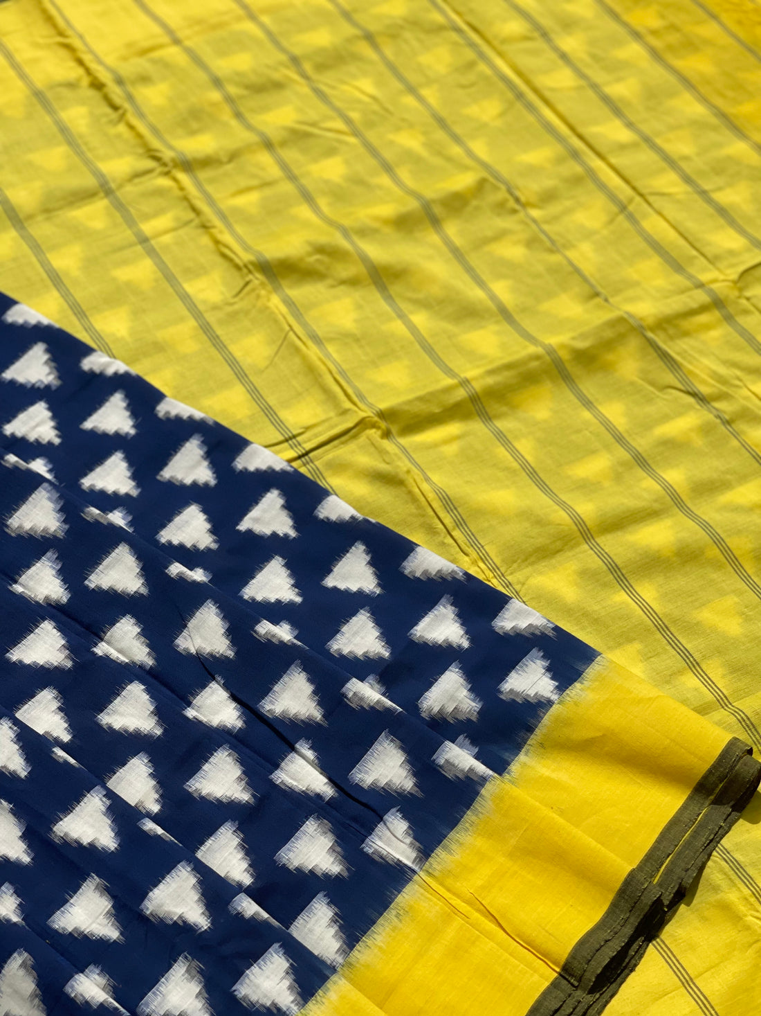 Yellow with Blue Double ikkat Cotton saree