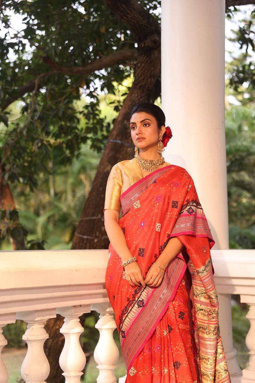 Vidharbha tussar silk saree with handknotted Bhandej and kutch mirror work
