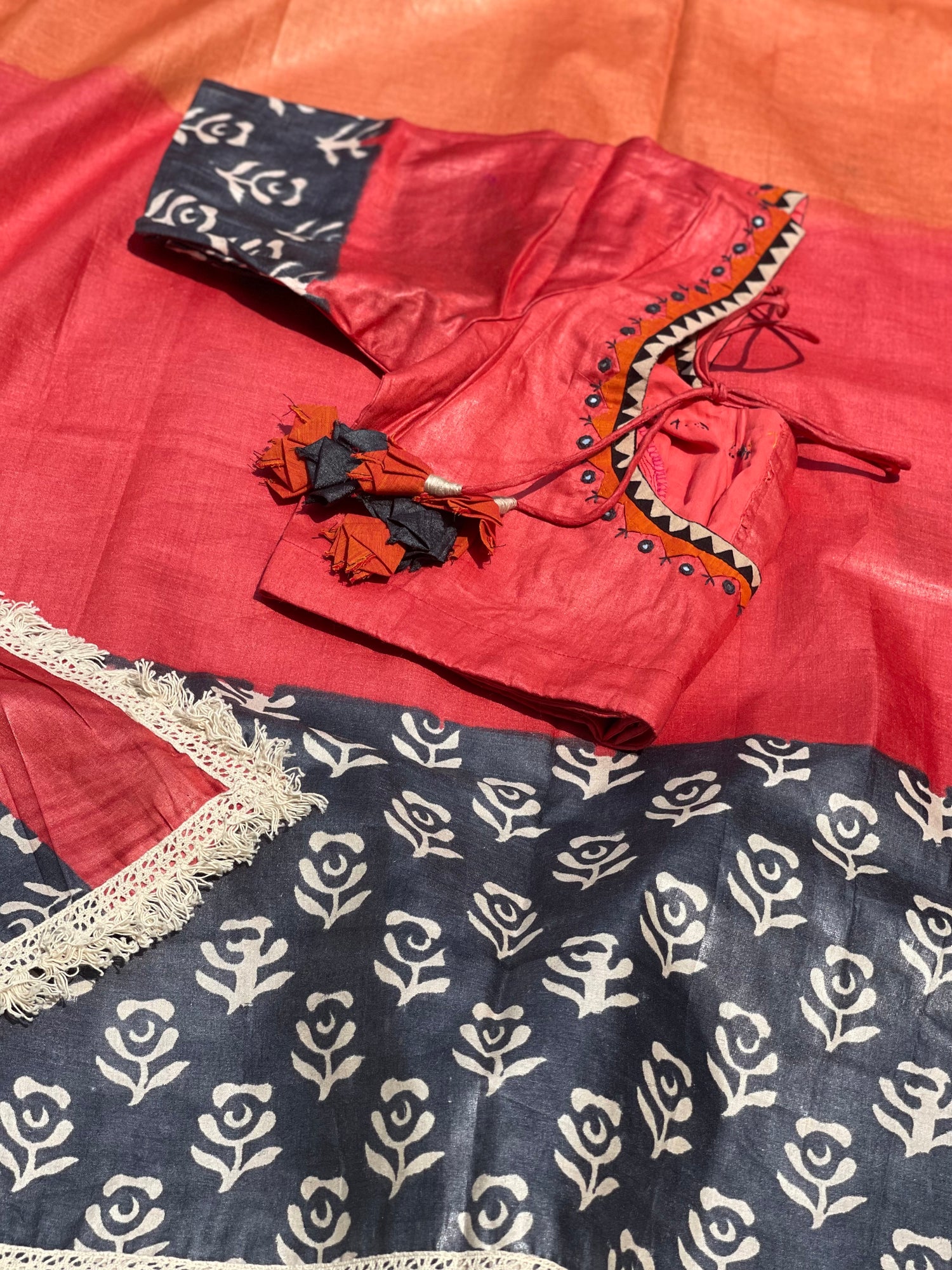 Handblock Printed Tussar Silk Saree With Crochet Border And Pallu