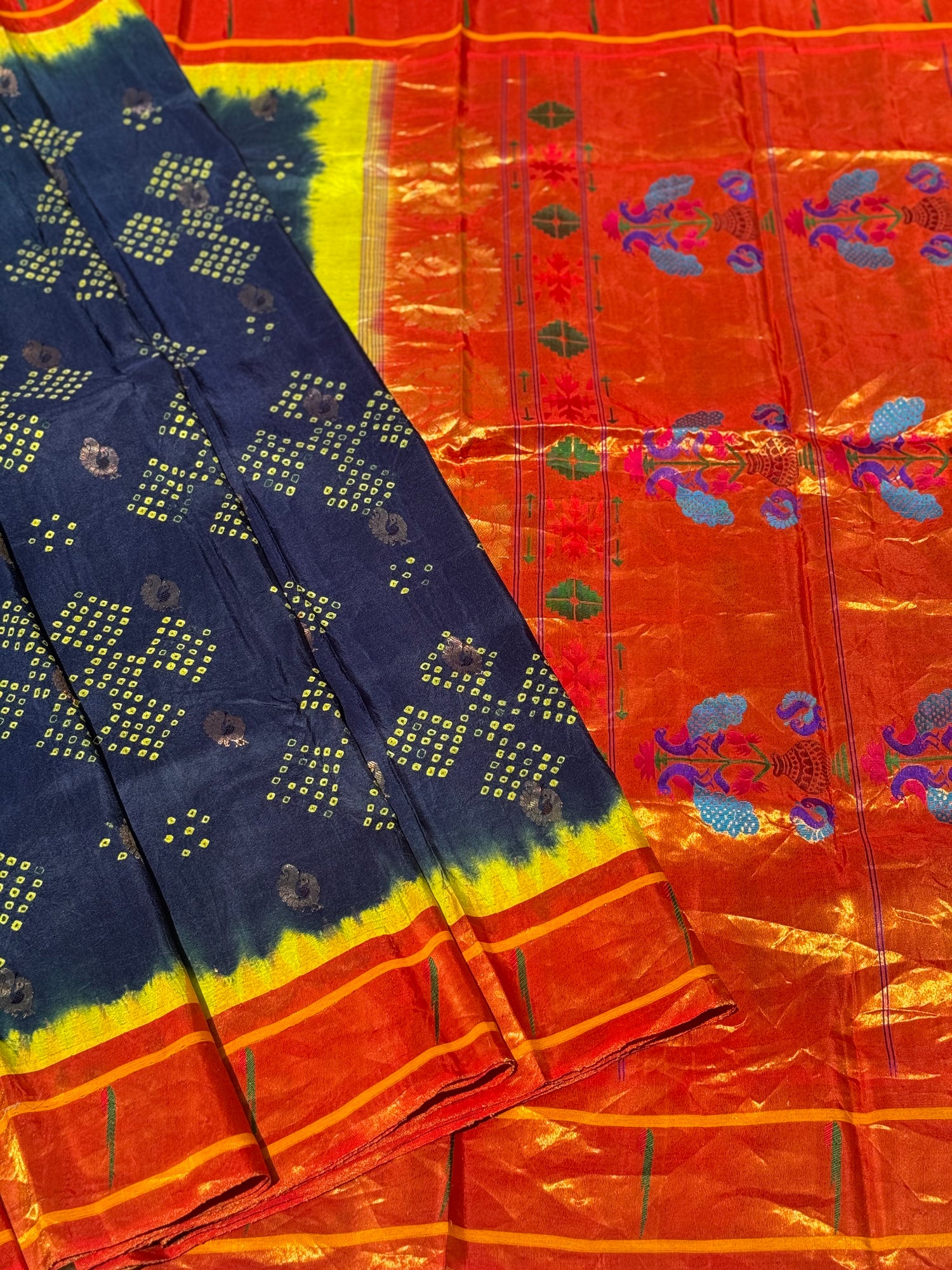 Midnight Blue Paithani Silk With Bandhej Tie And Dye Muniya Border Saree