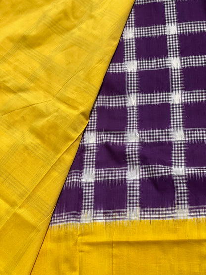 Beautiful double ikkat  checkered cotton Saree in purple and Yellow