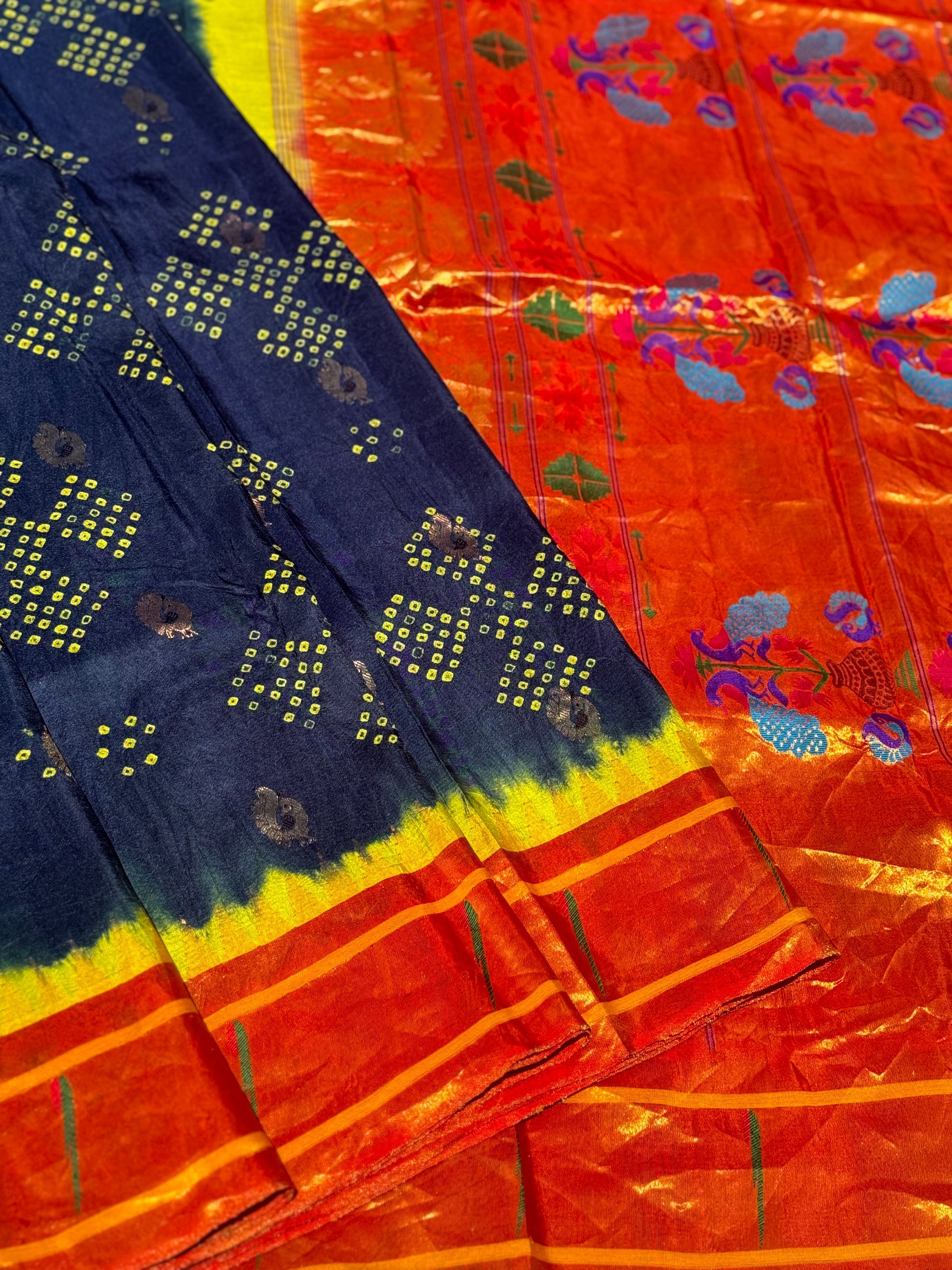 Midnight Blue Paithani Silk With Bandhej Tie And Dye Muniya Border Saree