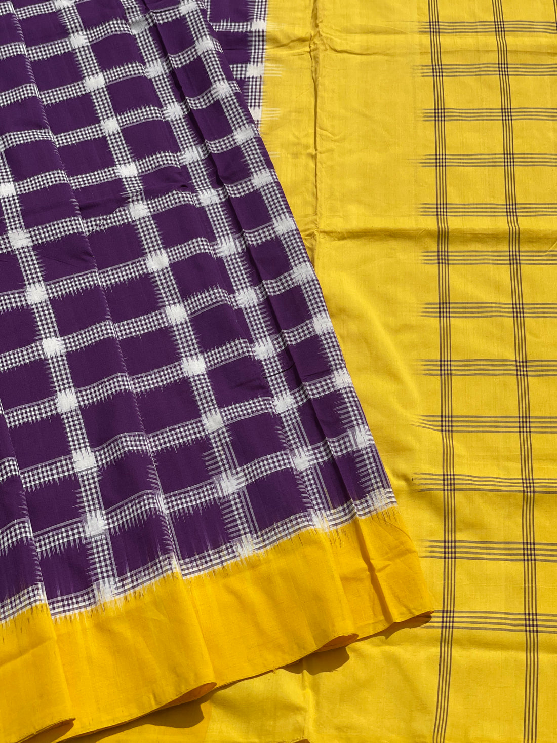 Beautiful double ikkat checkered cotton Saree in purple and Yellow