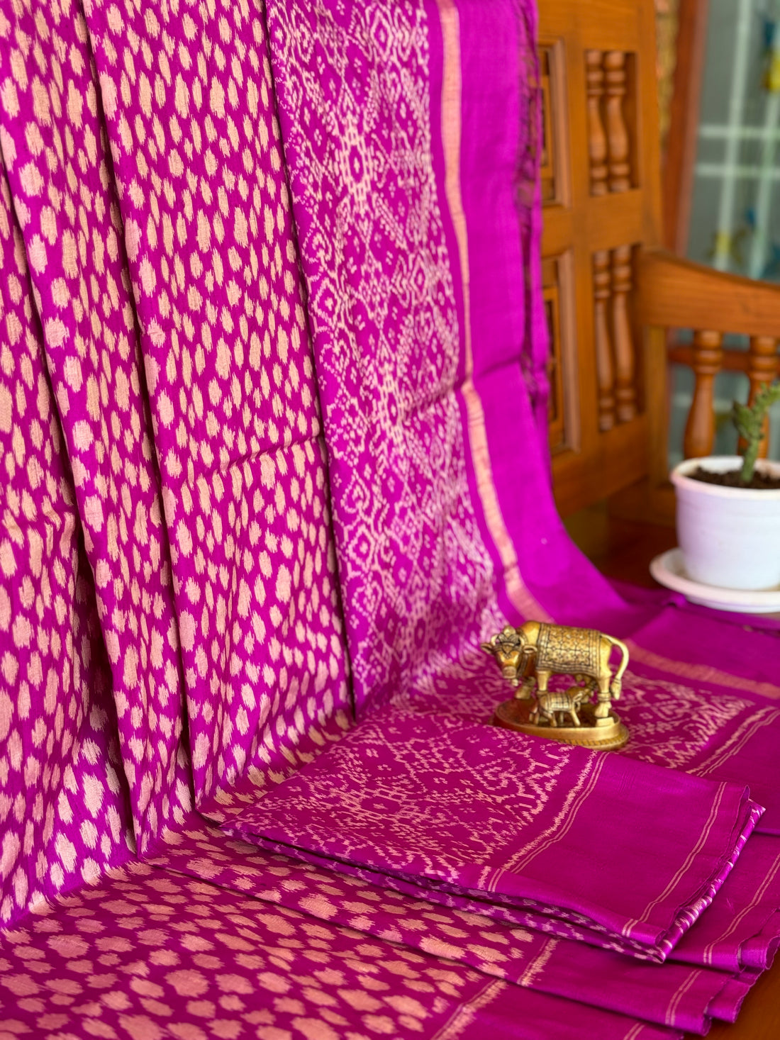 Handwoven tie dyed amaranth pink polka dots raw silk ikkat saree