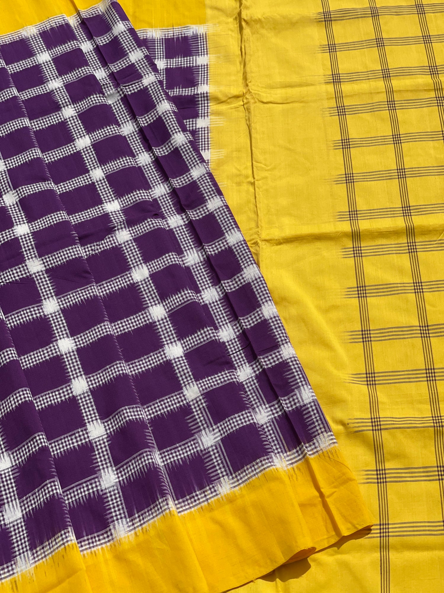 Beautiful double ikkat  checkered cotton Saree in purple and Yellow