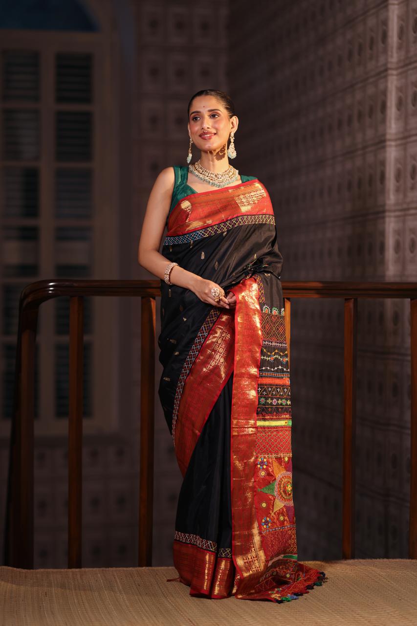 Lambani embroidery with mirror work crafted on pure korvai kanchivaram silk