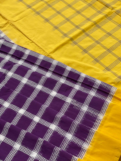 Beautiful double ikkat  checkered cotton Saree in purple and Yellow