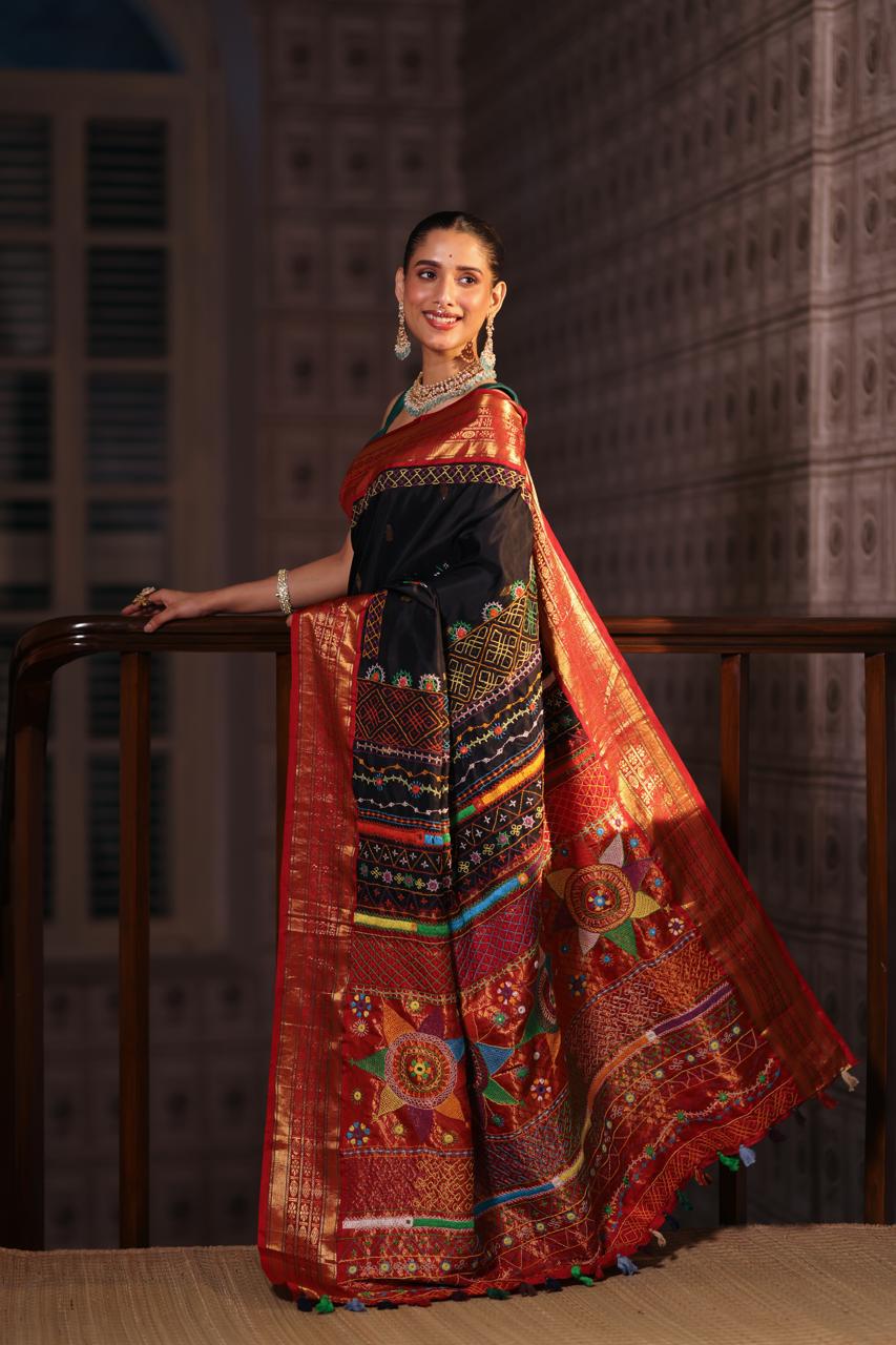 Lambani embroidery with mirror work crafted on pure korvai kanchivaram silk