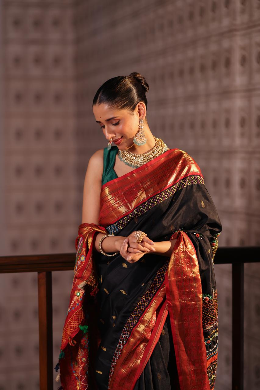 Lambani embroidery with mirror work crafted on pure korvai kanchivaram silk