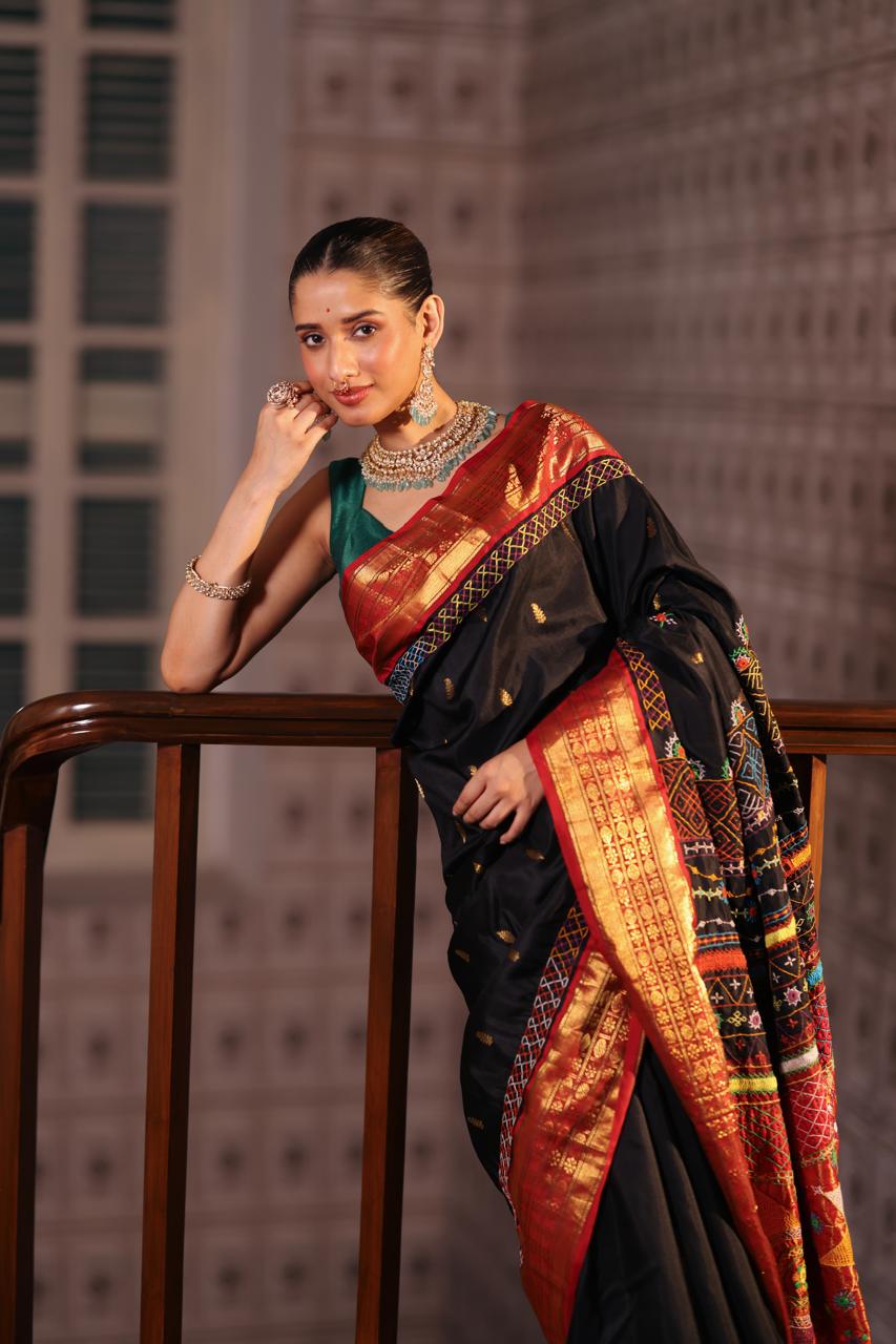 Lambani embroidery with mirror work crafted on pure korvai kanchivaram silk