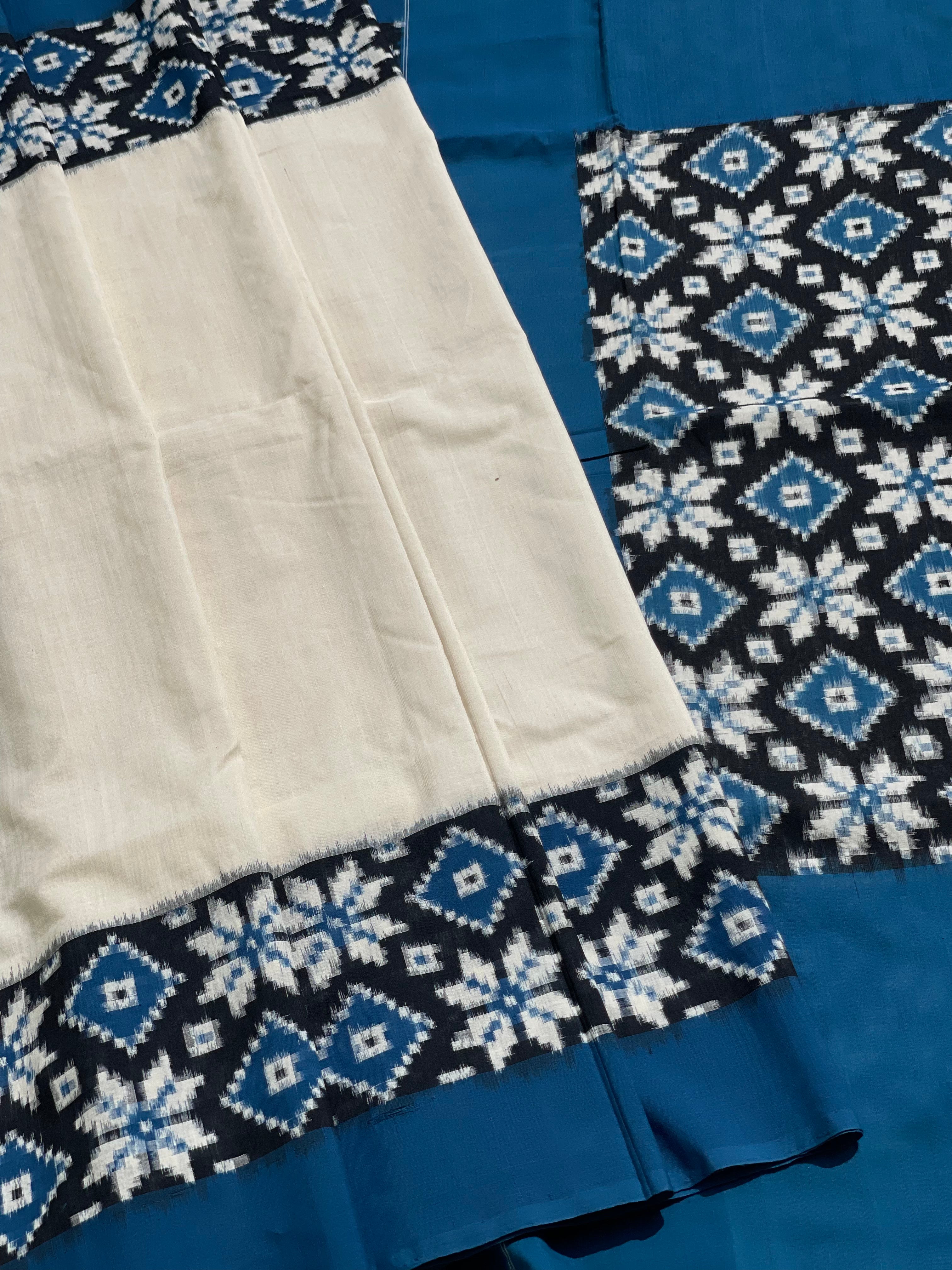 Beautiful double Ikkat Telia Rumal inspired Cotton Saree in Indigo