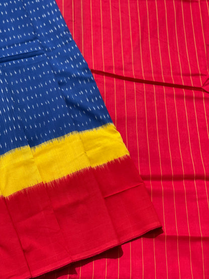 Beautiful weft ikkat cotton Saree with in yellow red and blue