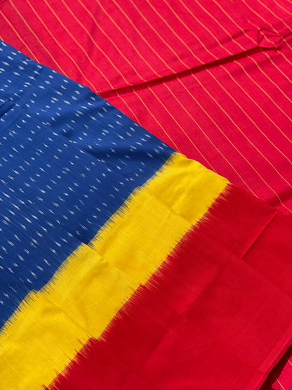 Beautiful weft ikkat cotton Saree with in yellow red and blue