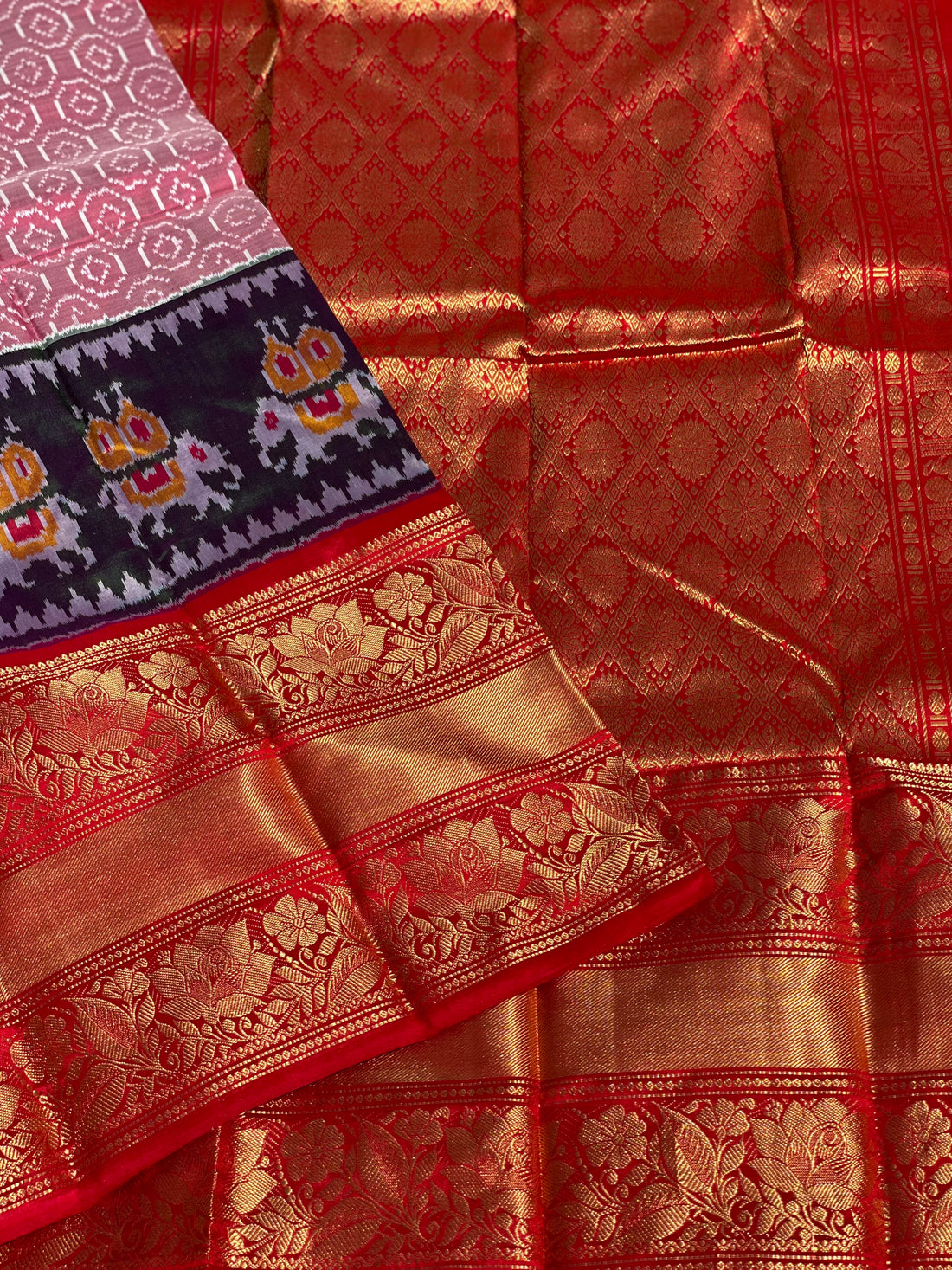 Handwoven Twill Ikkat Kanchivaram border saree