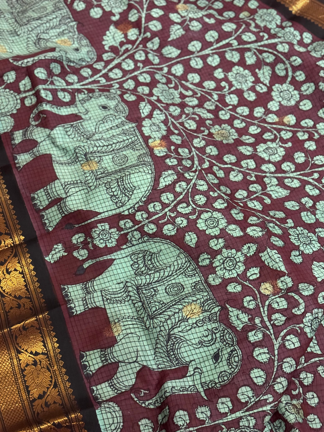 Blue Handdrawn and handpainted penkalamkari on Gadwal silk