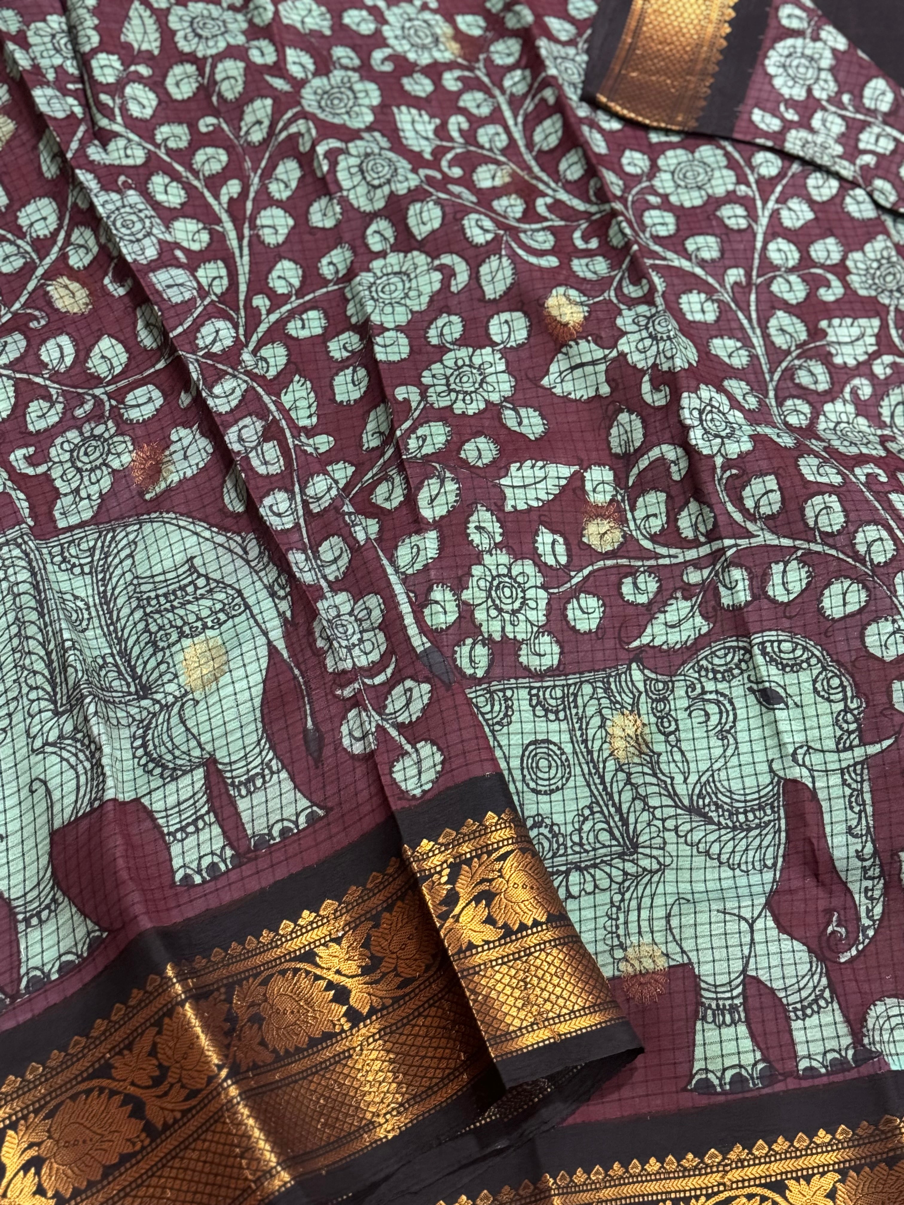 Blue Handdrawn and handpainted penkalamkari on Gadwal silk