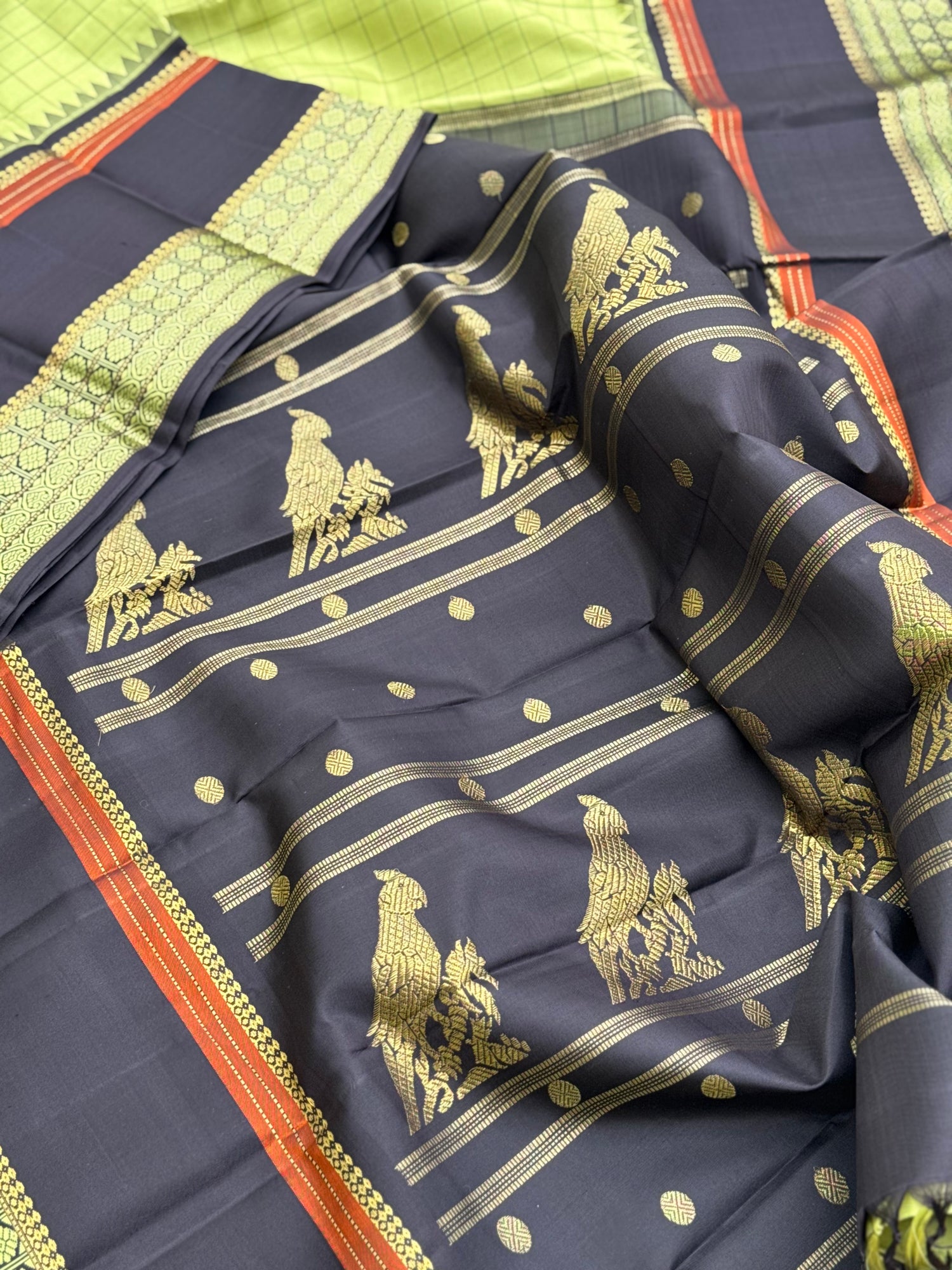 Aesthetic vintage revival kutrala kuravanji Kanchivaram silk saree in pastel green with deep brown