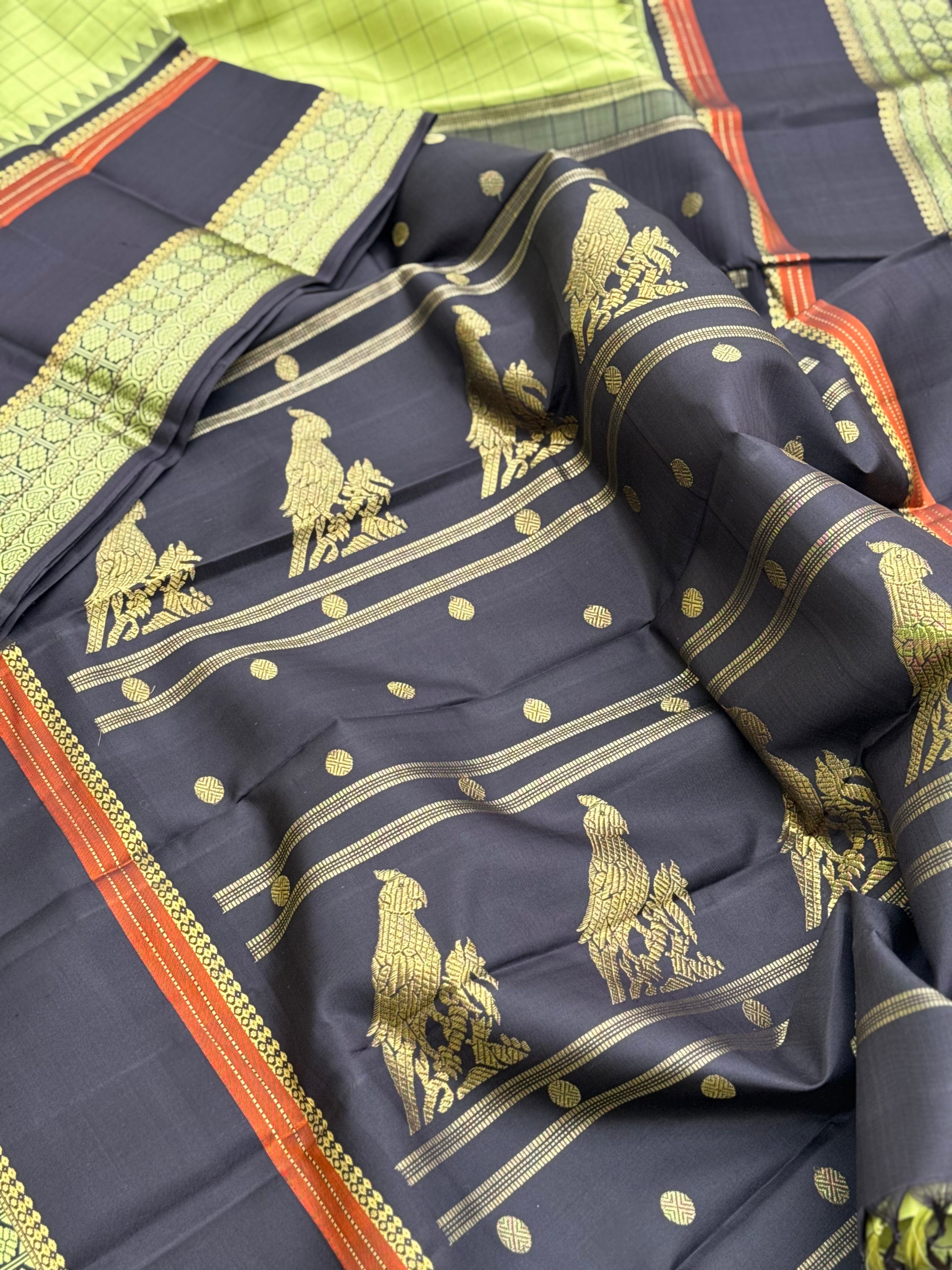 Aesthetic vintage revival kutrala kuravanji Kanchivaram silk saree in pastel green with deep brown
