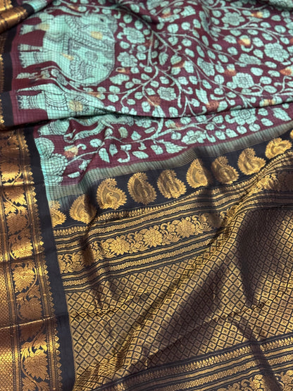 Blue Handdrawn and handpainted penkalamkari on Gadwal silk