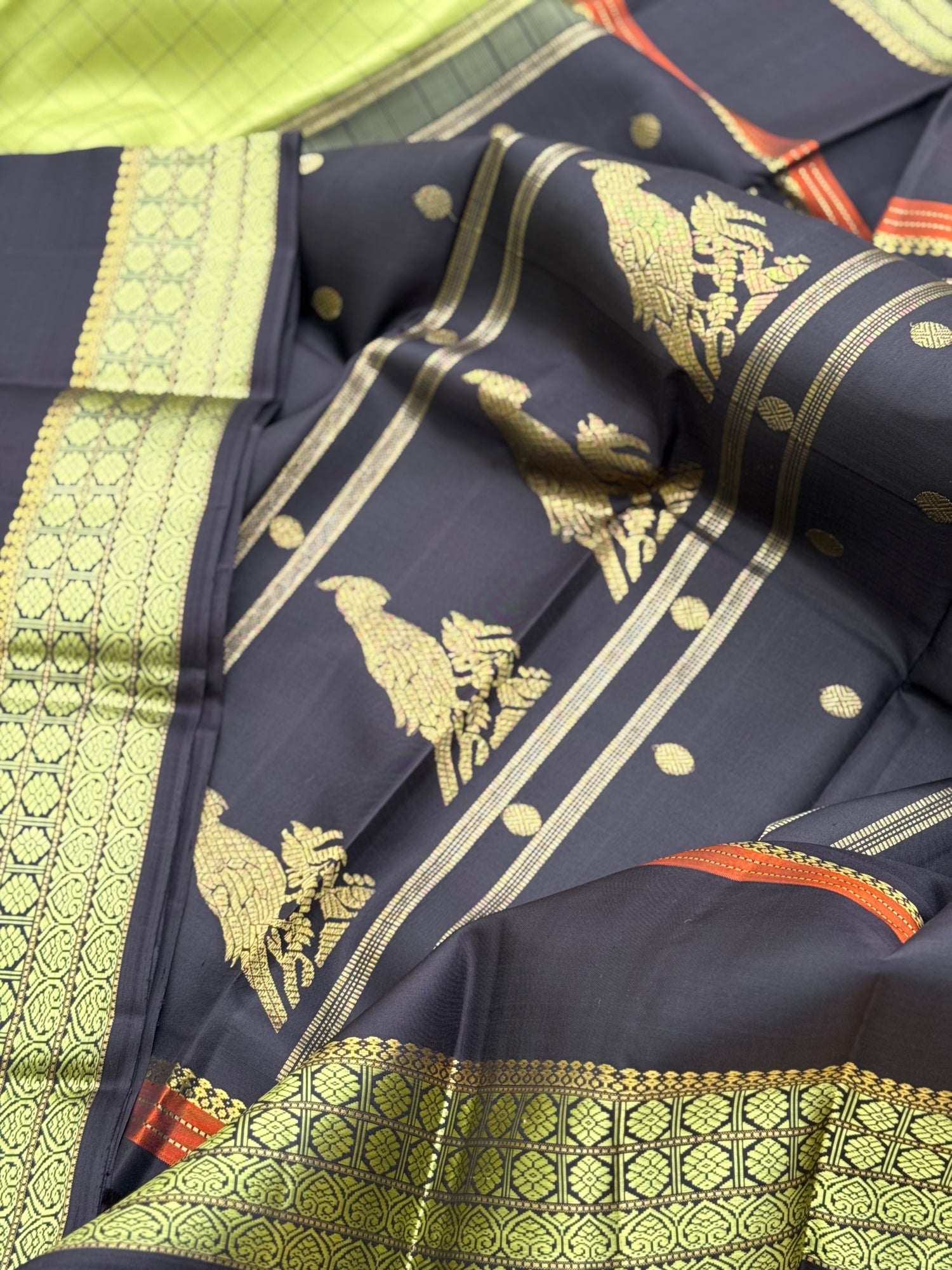 Aesthetic vintage revival kutrala kuravanji Kanchivaram silk saree in pastel green with deep brown