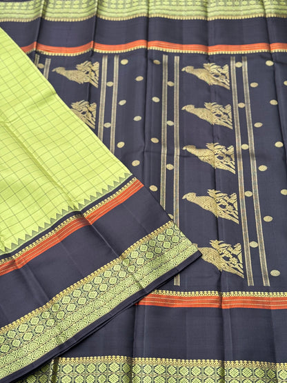 Aesthetic vintage revival kutrala kuravanji Kanchivaram silk saree in pastel green with deep brown