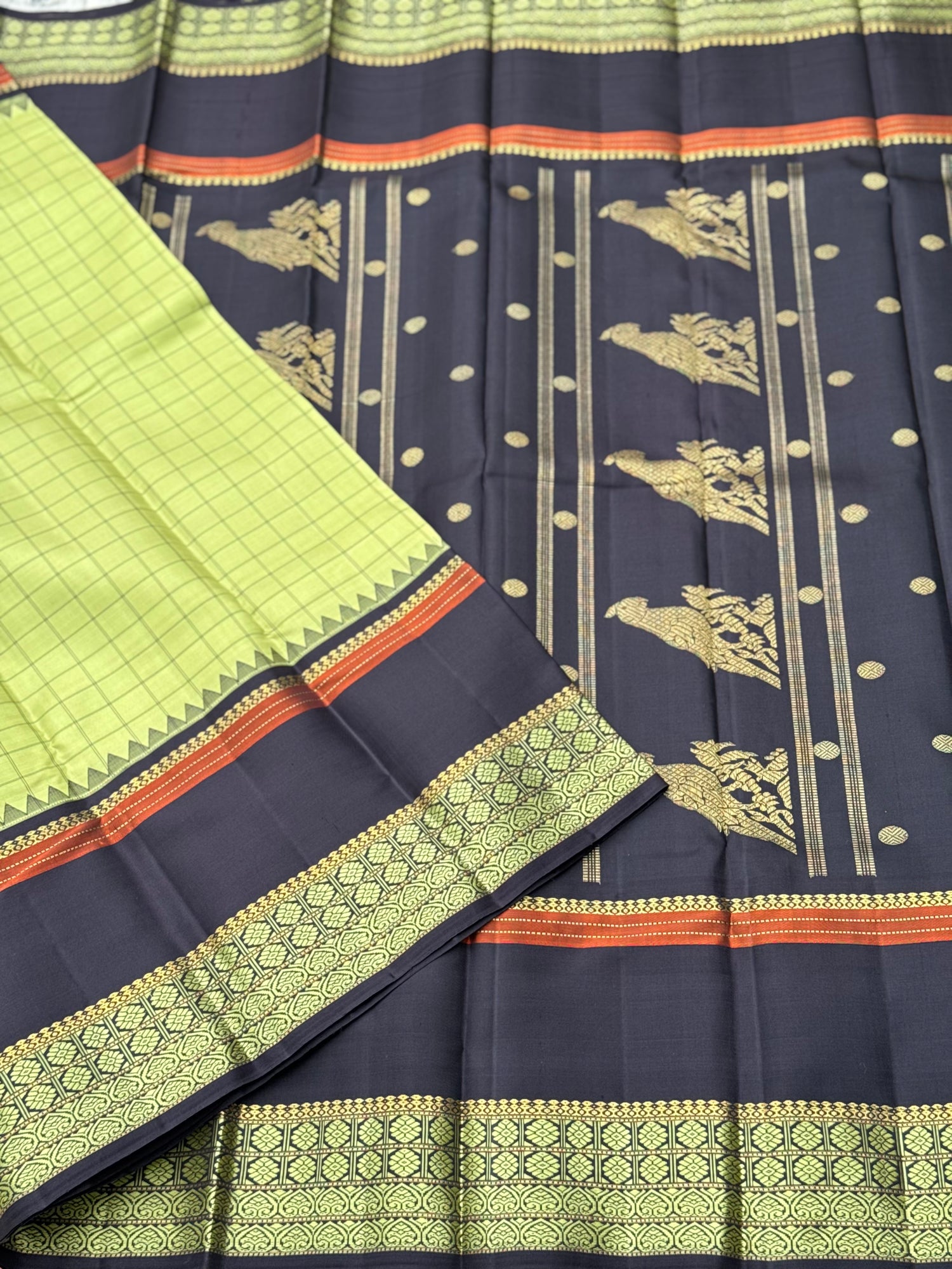 Aesthetic vintage revival kutrala kuravanji Kanchivaram silk saree in pastel green with deep brown