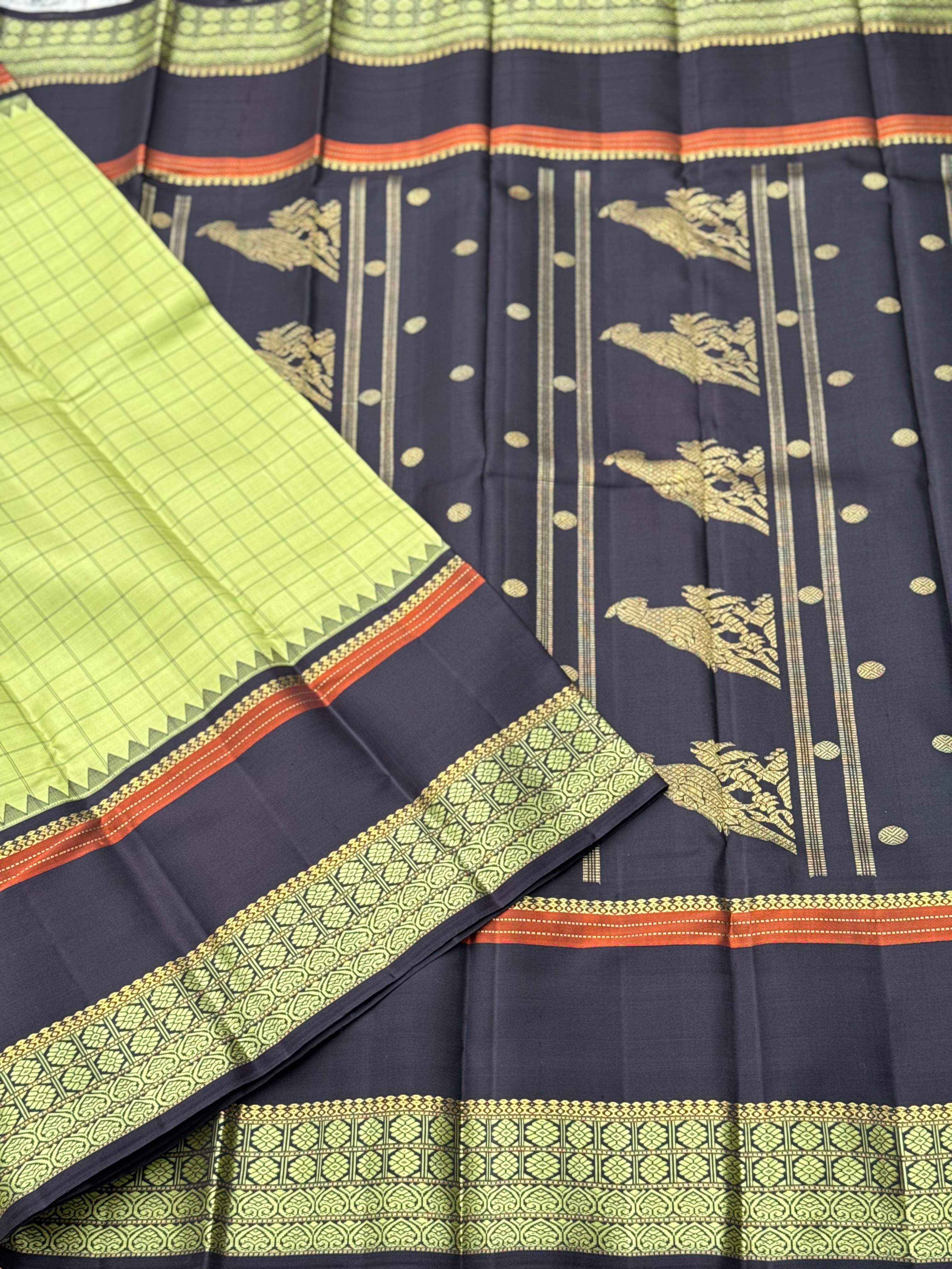 Aesthetic vintage revival kutrala kuravanji Kanchivaram silk saree in pastel green with deep brown